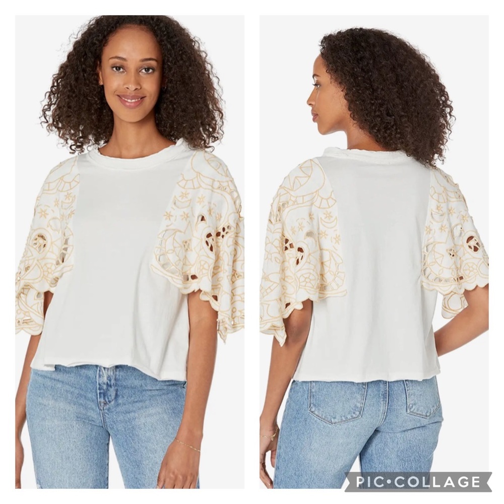 Free People Angel Eyelet Lace Exagerated Wing Sleeve Ivory T-Shirt Size SP